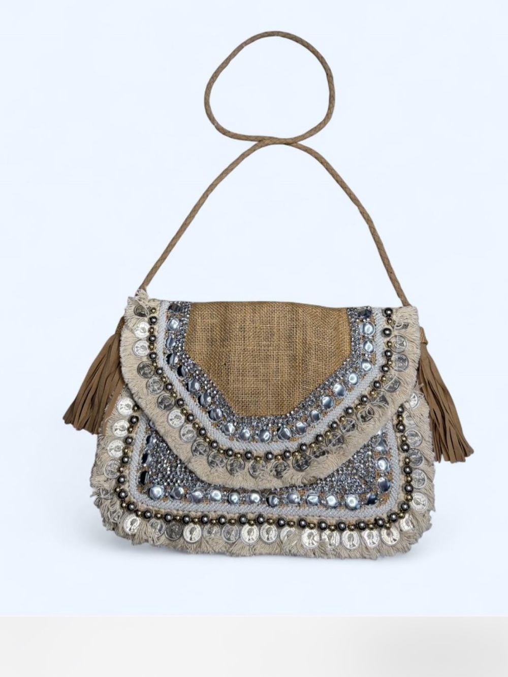 Embellished Boho Fringe Crossbody Bag - Natural Taupe